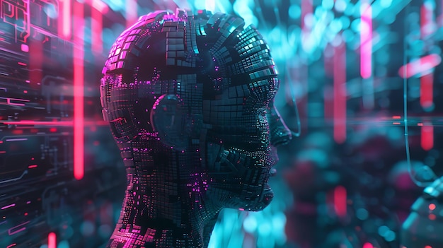 Futuristic Cyborg Head with Neon Lights