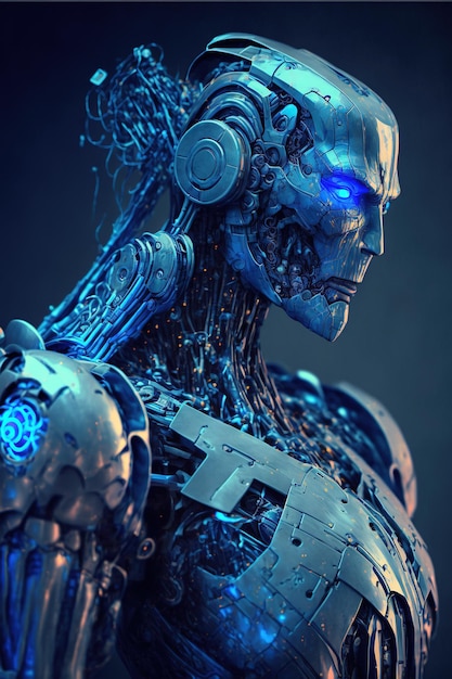 Futuristic cyborg man with wires and blue eyes created using generative ai technology