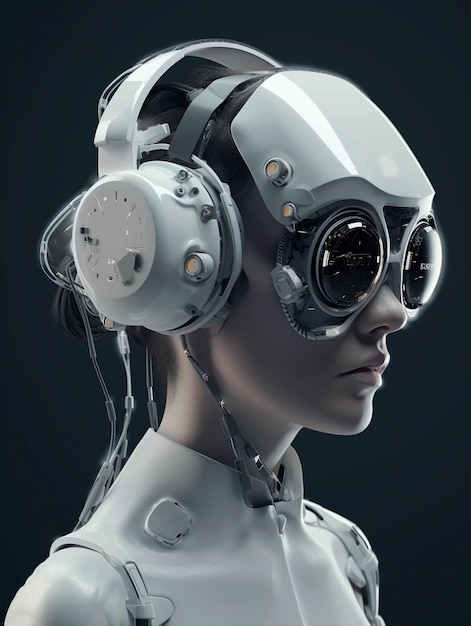 A futuristic Cyborg Robot with Headphones and VR Glasses