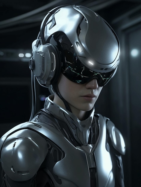 A futuristic Cyborg Robot with Headphones and VR Glasses