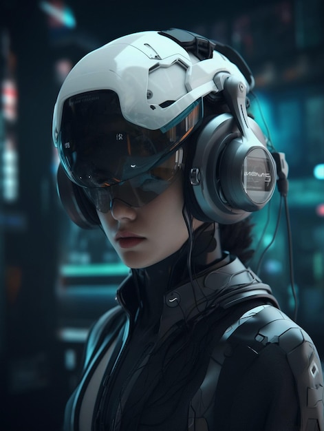 A futuristic Cyborg Robot with Headphones and VR Glasses