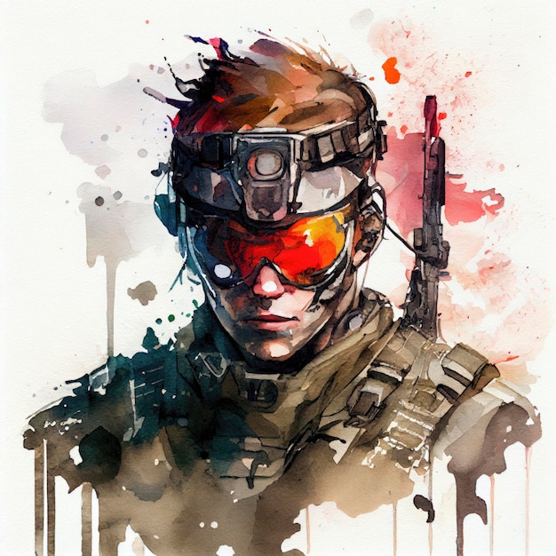 Futuristic Cyborg Soldier with Advanced Weaponry and Goggles in Watercolor Art