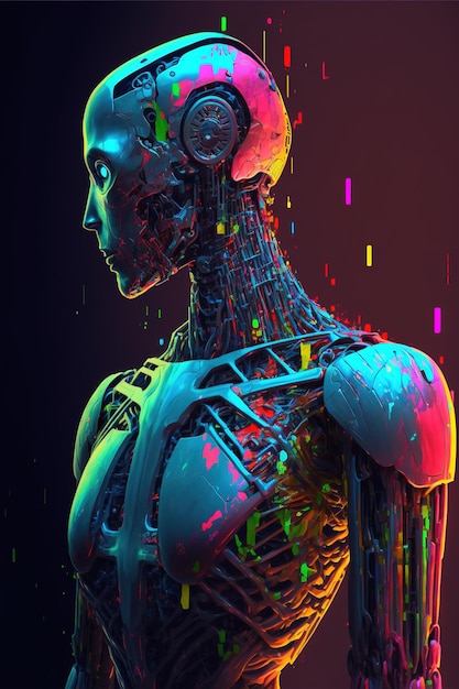 Futuristic cyborg woman with colorful spots on her body created using generative ai technology