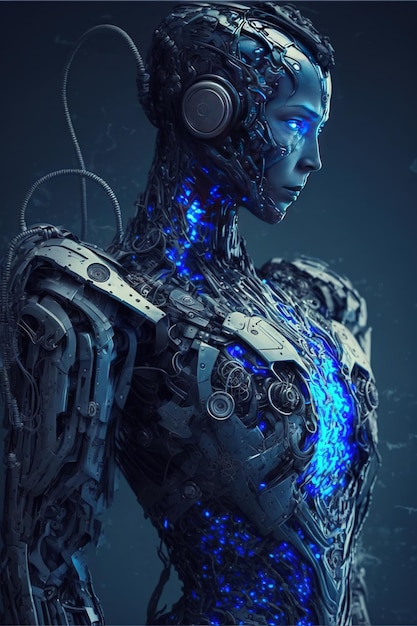 Futuristic cyborg woman with wires and blue lights created using generative ai technology