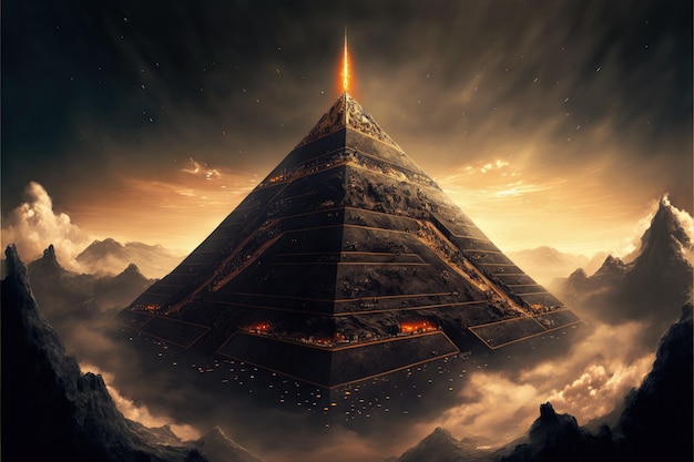 Futuristic dark pyramid hovering over surface of Earth in scifi setting Fantasy concept Illustration painting Generative AI