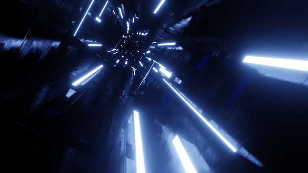 Futuristic dark tunnel with neon light. 3d render illustration.