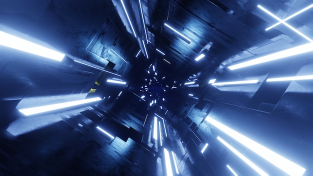 Futuristic dark tunnel with neon light. 3d render illustration.