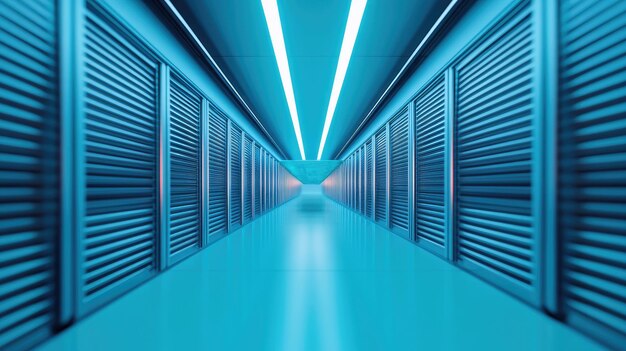 Photo futuristic data center hallway with illuminated blue lights showcasing a modern technological enviro