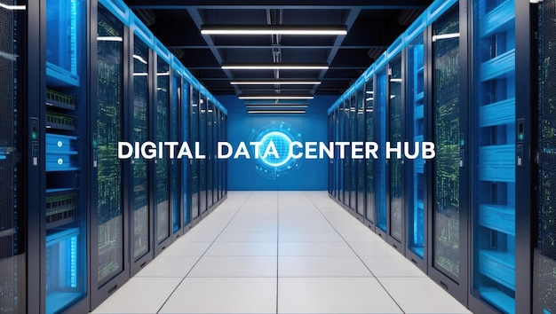 Photo a futuristic data center showcasing sleek blue server racks and cables