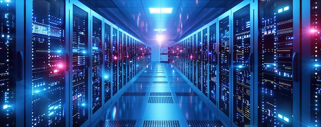 Futuristic data center with rows of servers and blue lights