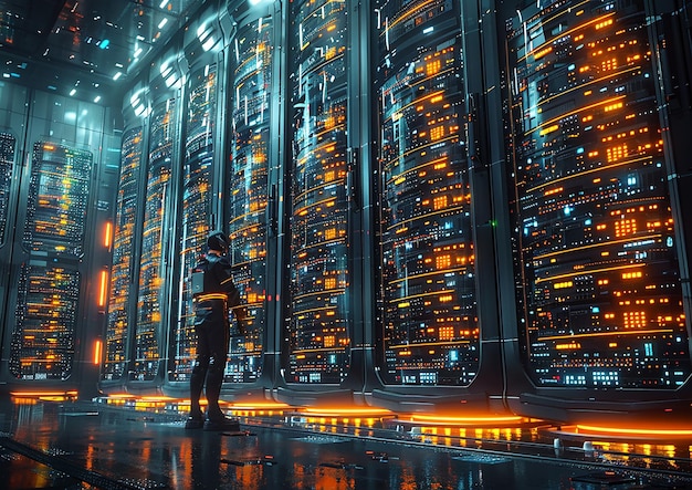 Photo futuristic data center with towering racks of servers