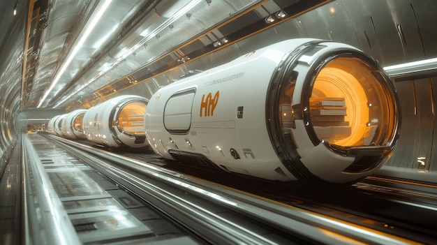 Photo futuristic delivery systems using hyperloop technology autonomous cargo pods traveling at high speeds through hyperloop tunnels to deliver goods