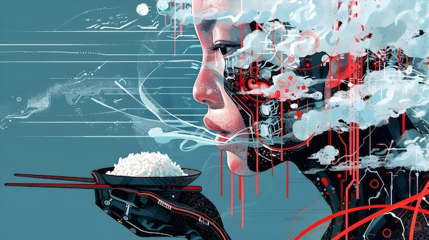 Photo futuristic depiction of innovative rice consumption showcasing technological advancement