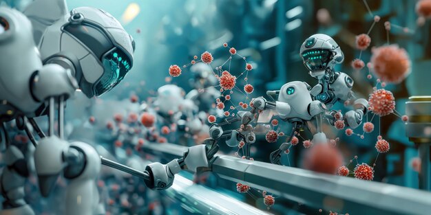 Photo a futuristic depiction of nanorobots assembling at the molecular level constructing complex structures with a hightech laboratory setting and detailed nanotechnology elements