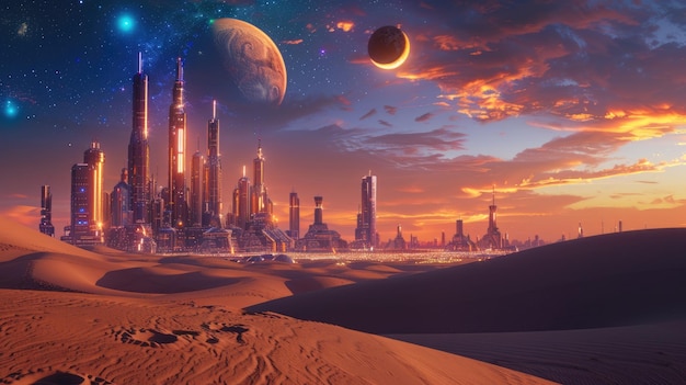 The futuristic desert city glows with neon lights showing distant planets and an urban landscape AIG59