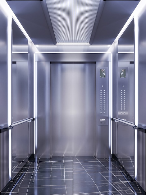 Futuristic design of an elevator cabin with mirrors with neon illumination and metal panels. Modern elevator design. Reflection to infinity. 3d rendering