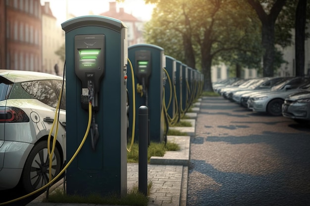 Futuristic design of a row of many electric chargers in each car park on the street Ai generated