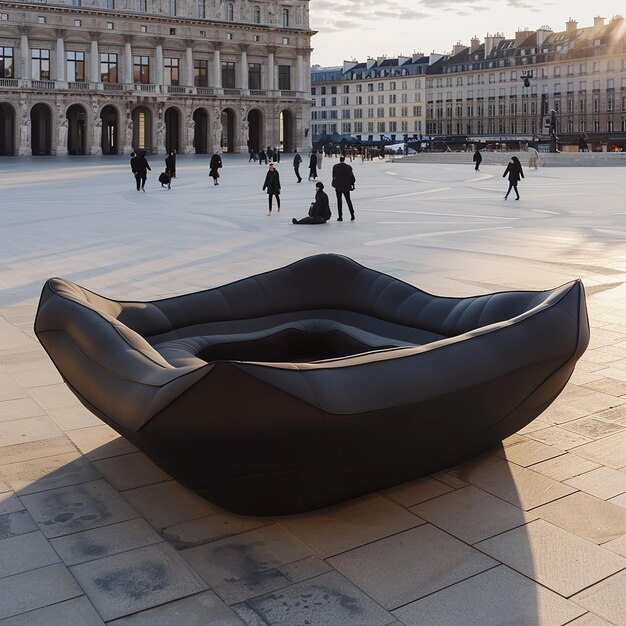 Futuristic design of a sofa that stands in the middle of a square in Europe very large sizes