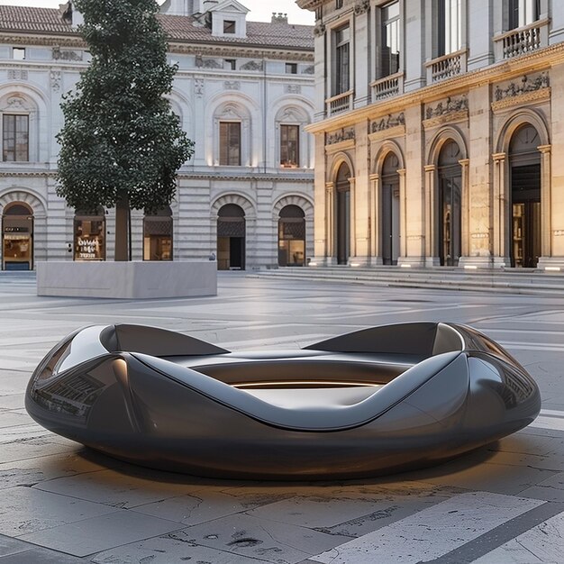 Futuristic design of a sofa that stands in the middle of a square in Europe very large sizes