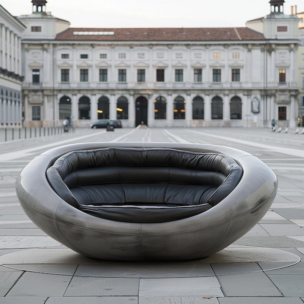 Futuristic design of a sofa that stands in the middle of a square in Europe very large sizes