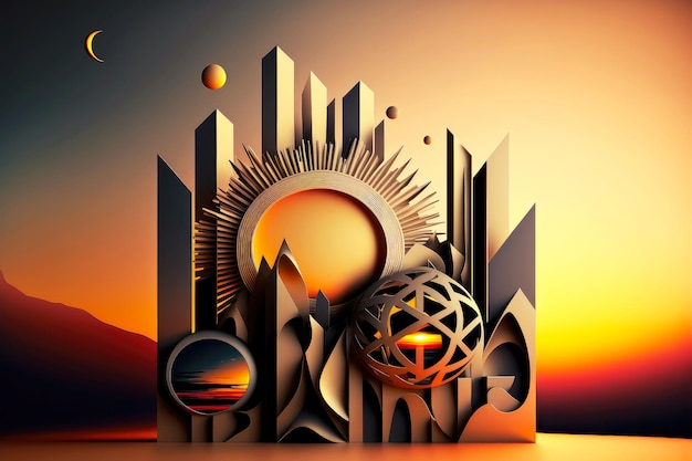 Futuristic design with d abstract of geometric shapes against backdrop of setting sun