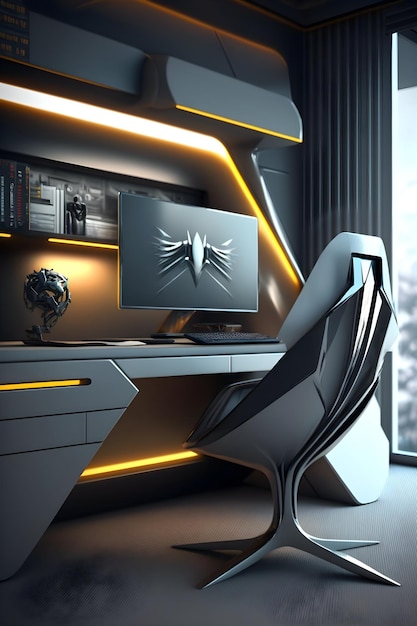 A futuristic desk with a chair that says the logo of the game.