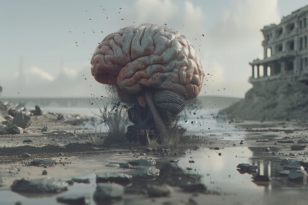 Futuristic digital art of a brain in a postapocalyptic landscape symbolizing resilience and adaptati