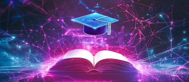 Futuristic Digital Art of an Open Book with Glowing Graduation Cap in Neon Education Theme