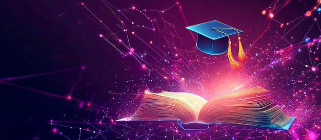 Futuristic Digital Art of an Open Book with Glowing Graduation Cap in Neon Education Theme