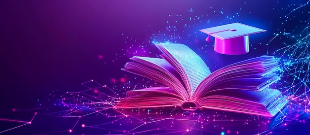 Futuristic Digital Art of an Open Book with Glowing Graduation Cap in Neon Education Theme