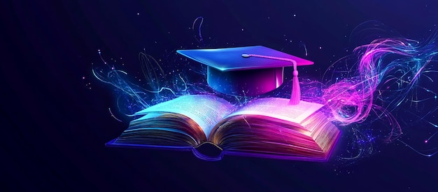 Futuristic Digital Art of an Open Book with Glowing Graduation Cap in Neon Education Theme