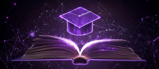 Futuristic Digital Art of an Open Book with Glowing Graduation Cap in Neon Education Theme