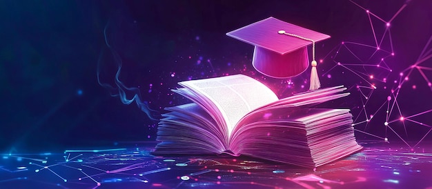 Futuristic Digital Art of an Open Book with Glowing Graduation Cap in Neon Education Theme