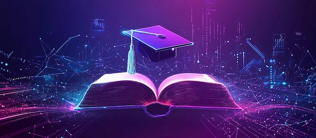 Futuristic Digital Art of an Open Book with Glowing Graduation Cap in Neon Education Theme