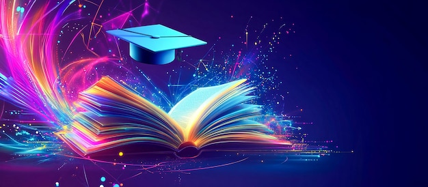 Futuristic Digital Art of an Open Book with Glowing Graduation Cap in Neon Education Theme