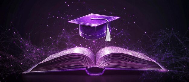 Photo futuristic digital art of an open book with glowing graduation cap in neon education theme