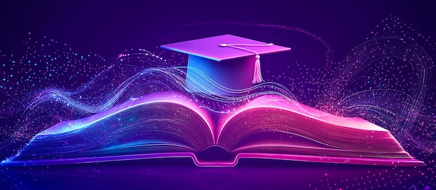 Futuristic Digital Art of an Open Book with Glowing Graduation Cap in Neon Education Theme