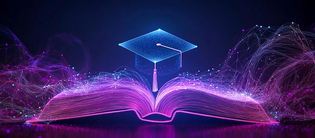 Futuristic Digital Art of an Open Book with Glowing Graduation Cap in Neon Education Theme