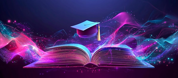 Futuristic Digital Art of an Open Book with Glowing Graduation Cap in Neon Education Theme