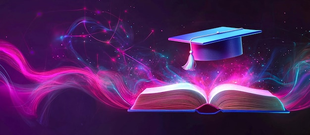 Photo futuristic digital art of an open book with glowing graduation cap in neon education theme