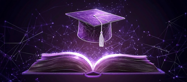 Photo futuristic digital art of an open book with glowing graduation cap in neon education theme