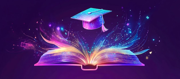 Futuristic Digital Art of an Open Book with Glowing Graduation Cap in Neon Education Theme