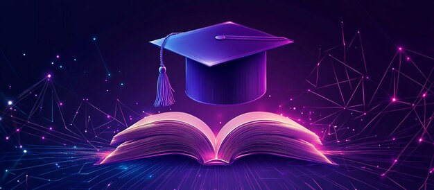 Futuristic Digital Art of an Open Book with Glowing Graduation Cap in Neon Education Theme