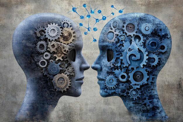 Futuristic digital art of two profiles with mechanical brains symbolizing the intersection of techn