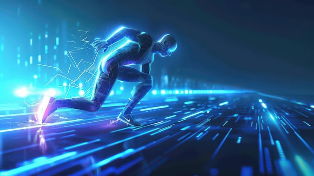 Photo futuristic digital athlete running in neon blue cyberspace