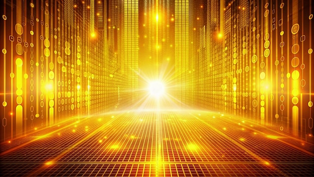 Futuristic digital background with glowing golden data grid and bright light