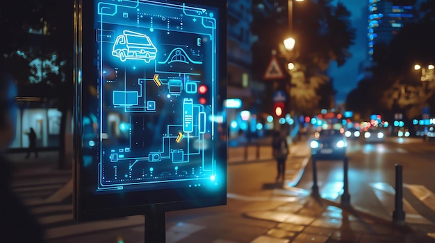 Photo a futuristic digital billboard displaying a map of a city street with a car icon showcasing advanced navigation and technology in urban environments