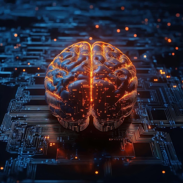 Photo futuristic digital brain with glowing neural network on circuit board background representing artificial intelligence and technology