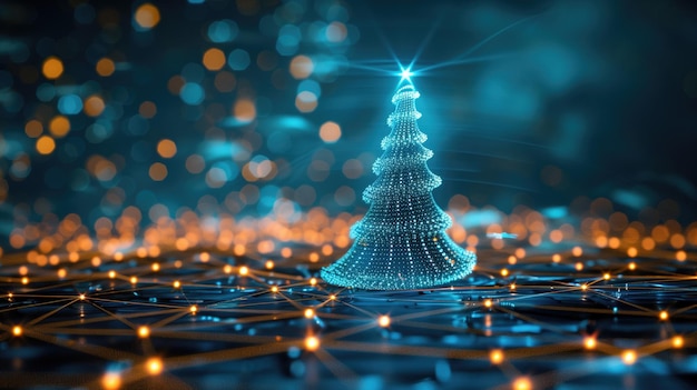 Futuristic digital Christmas tree illuminated by vibrant lights in a glowing network