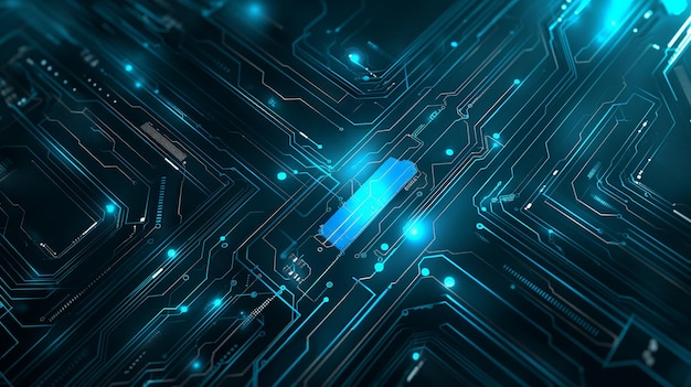 Futuristic Digital Circuit Board with Glowing Neon Blue Lines